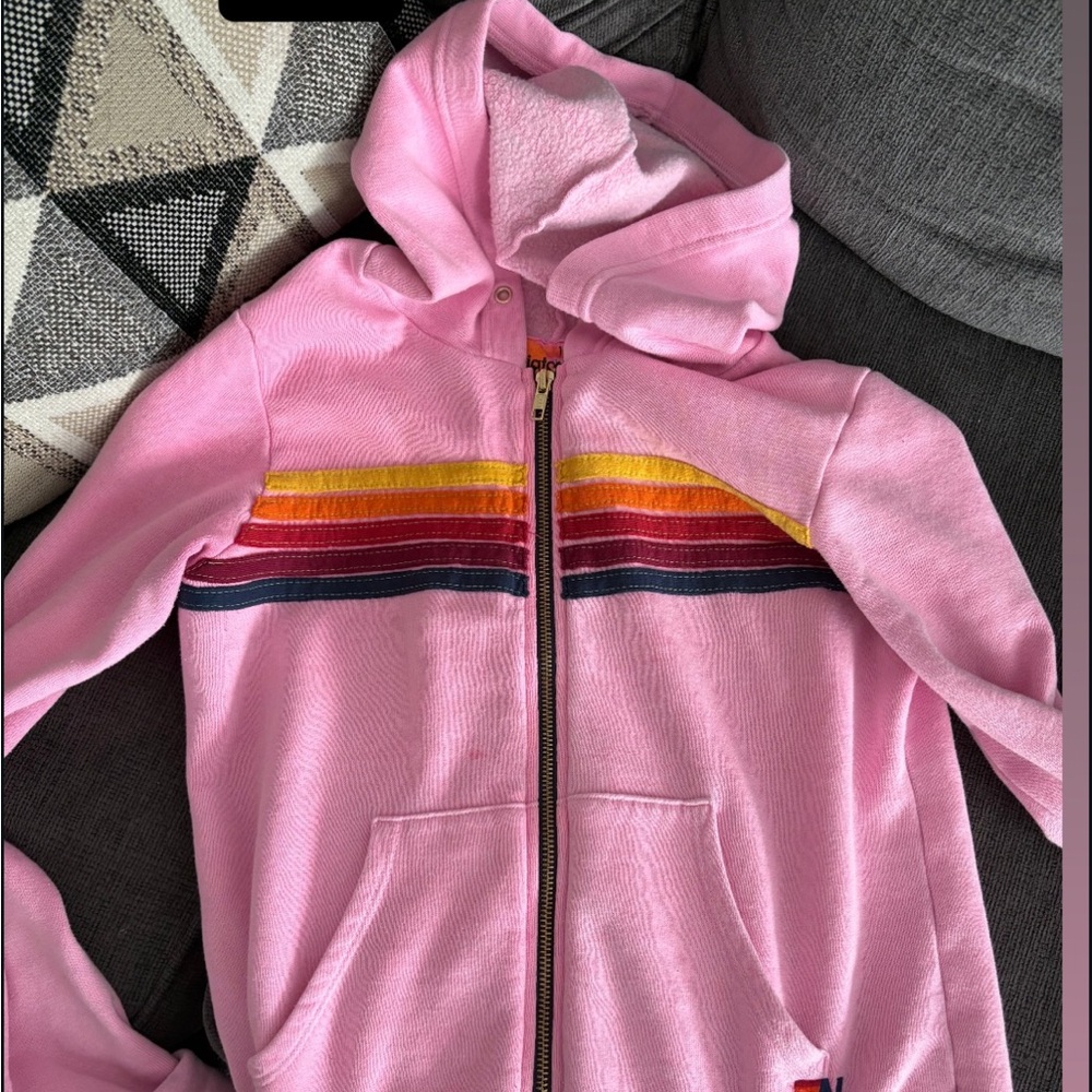 Aviator Nation Pink Hoodie with Rainbow Chest Stripes